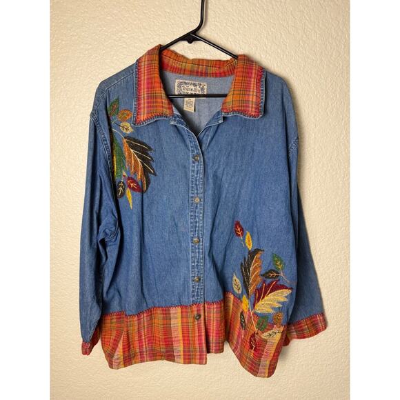 Denim Fall Embroidered Leaves Shirt Jacket Shacket Tantrum Blues 2X Orange Plaid - Picture 6 of 16